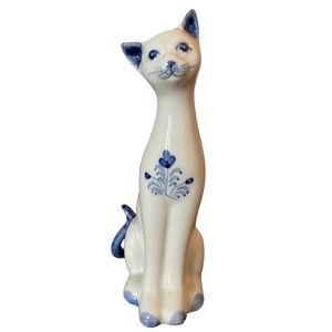 Vintage Andrea by Sadek Cat Figurine Floral Design White and Blue.